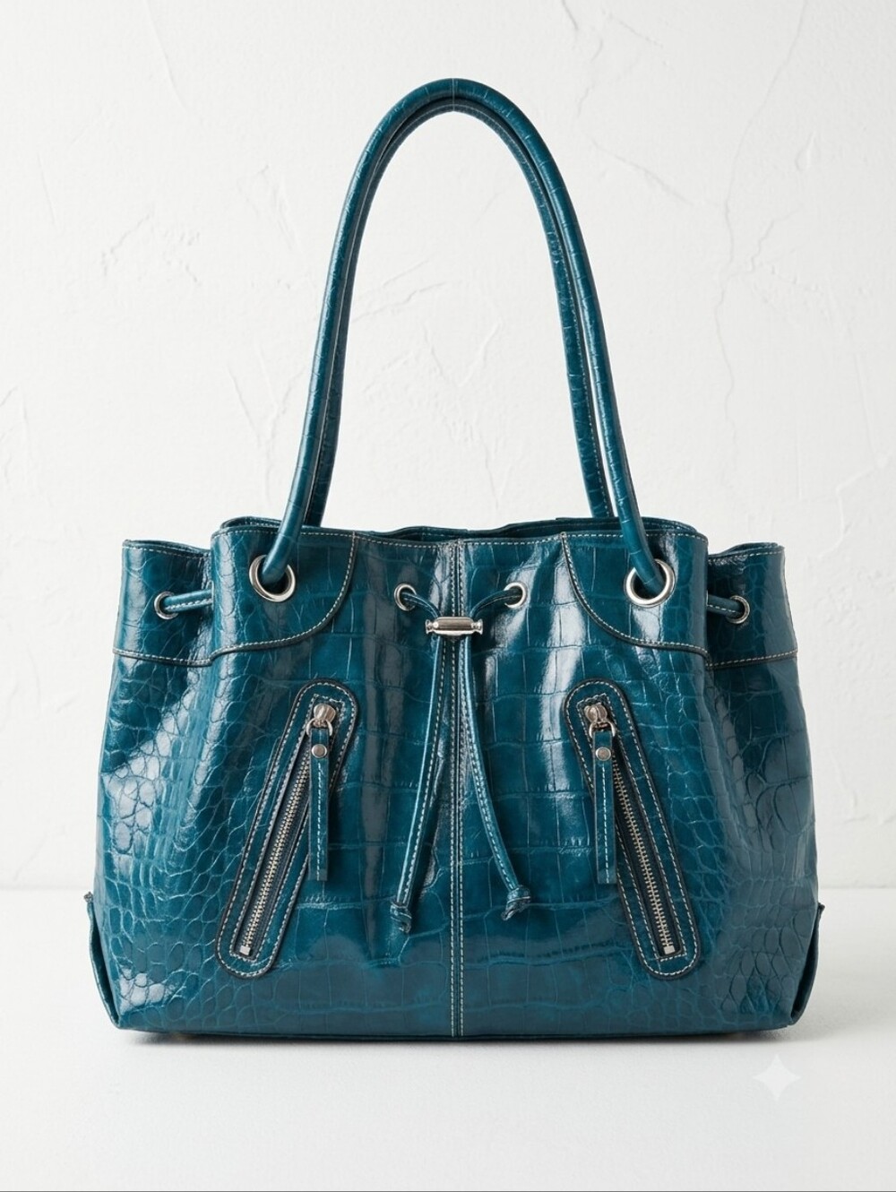 Elle Teal Blue Croc Embossed Faux Leather Shoulder Tote Bag Y2K Indie Sleaze